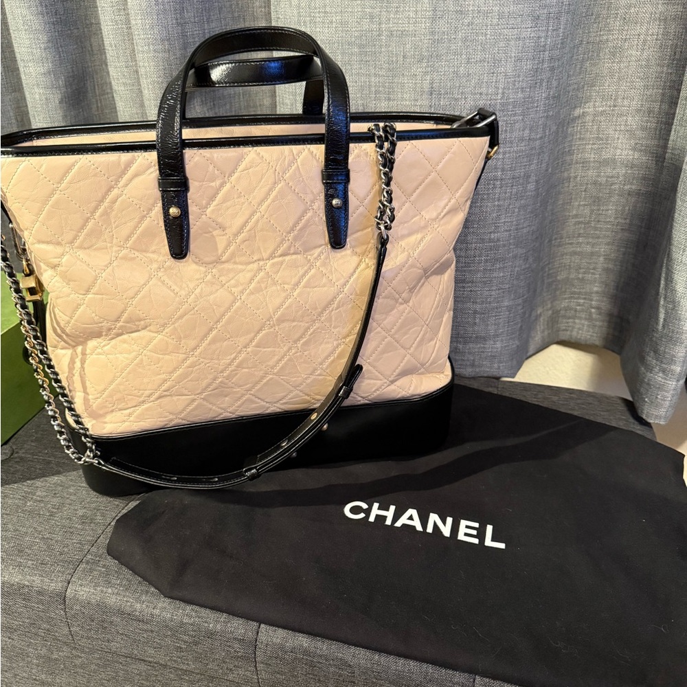 AUTHENTIC Chanel Gabrielle Cream and Black Quilted Tote Bag with Chain Strap